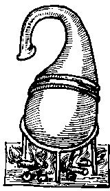 Graphic of a woodcut print showing an alchemey distillation flask.