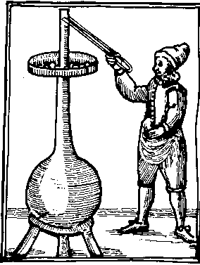 Graphic of a woodcut print showing an alchemist attending a distillation flask from John French - The Art of Distillation, London 1651.