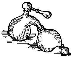 Graphic of a woodcut print showing an alchemey distillation apparatus from John French - The Art of Distillation, London 1651.